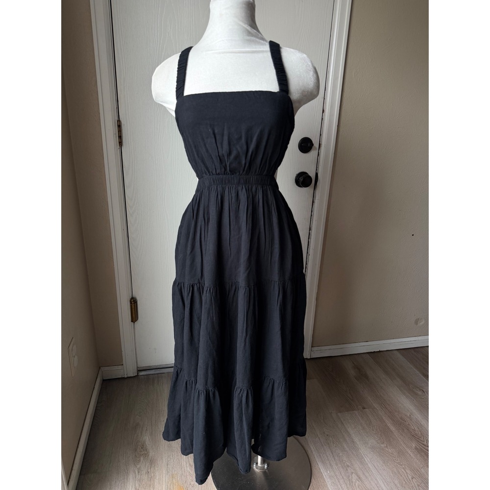 Abercrombie & Fitch Black Linen Blend Open Back Tiered Midi Dress size MP